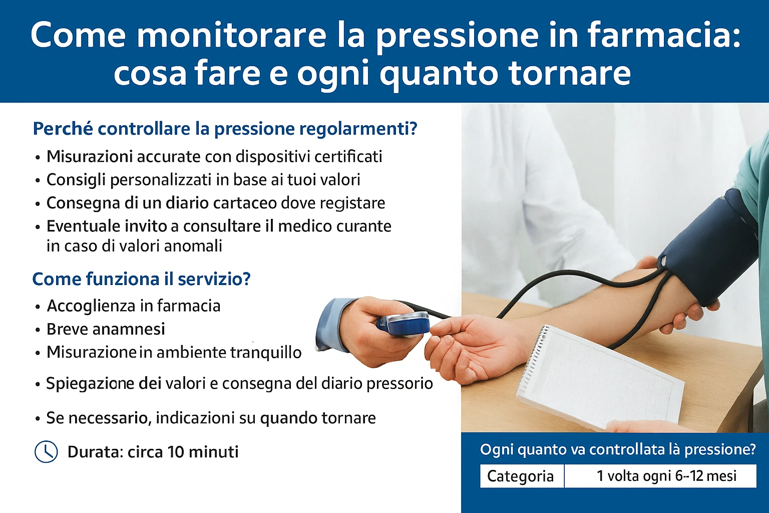 Come monitorare la pressione in farmacia: misurazione rapida, diario cartaceo e consigli personalizzati.